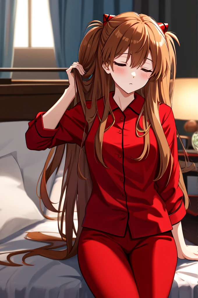 (best quality), high quality, (ultra detailed), 8k,Ray Tracing, One Girl, Asuka Langley, Sleepy face, Red pajamas, Lying in bed, Waking up, morning, morning日, Private room