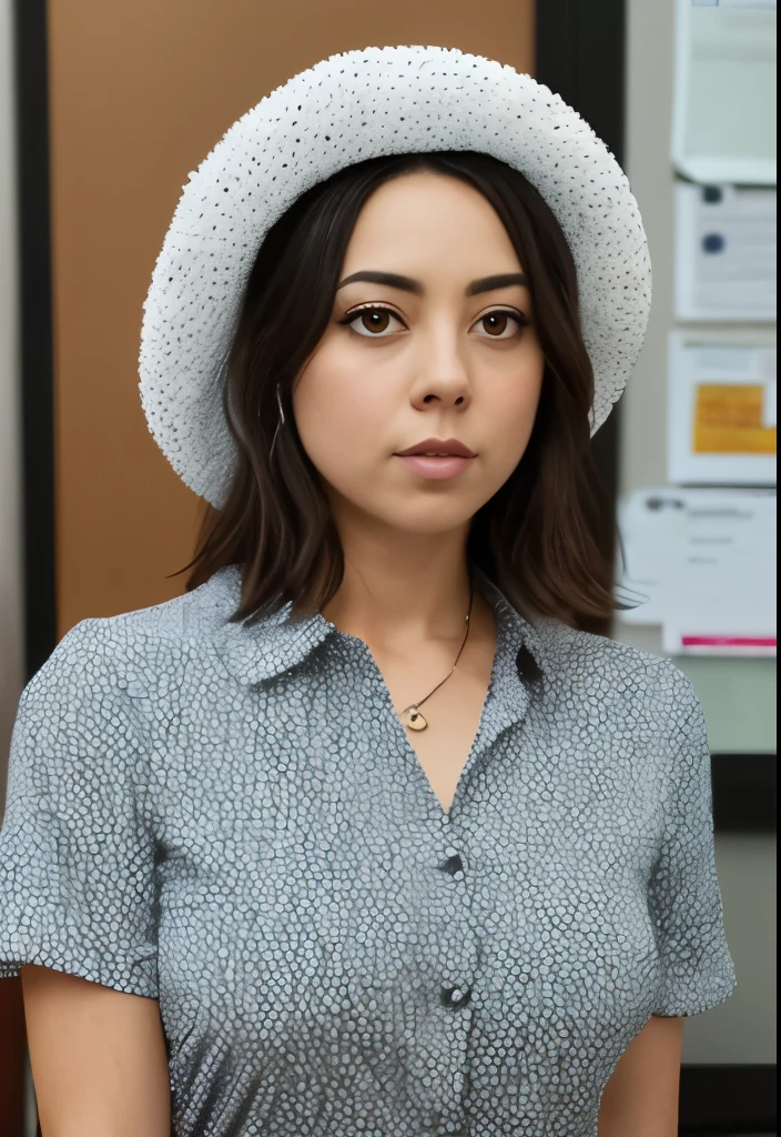 masterpiece, lifelike upper body image of AubreyPlaza, ((wearing a funny hat and an office blouse)), photo realistic, resting bitch face, frowning, highly detailed, detailed face, windswept, dramatic lighting, perfect eyes, in an office