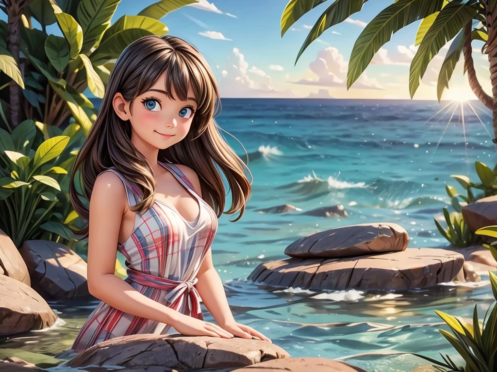 a girl floating on the sea,illustration,detailed waves,sparkling water,crystal clear ocean,best quality,ultra-detailed,realistic underwater scene,vivid colors,sunlight reflecting on water,soft sunlight,calm and peaceful atmosphere,portraits,horizon at sunset,blurred background,beach,serene and dreamy ambiance,gentle breeze,hair floating in the water,beautiful detailed eyes,beautiful detailed lips,light summer dress,majestic view,tranquil expression,happiness and freedom in her eyes