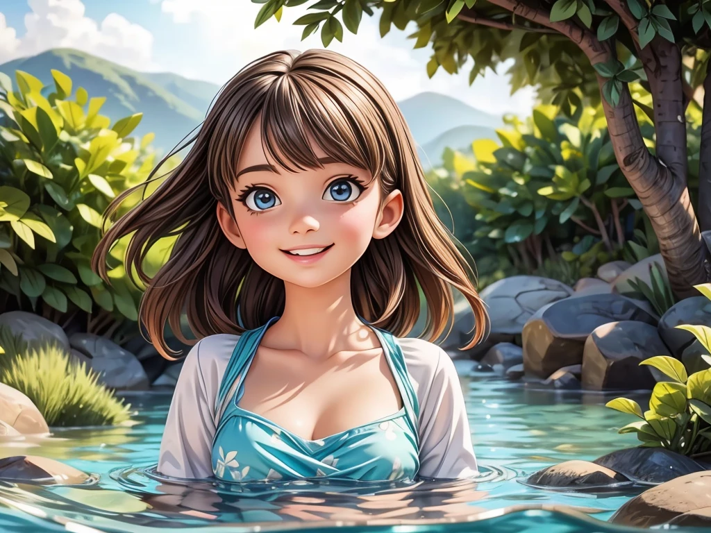 a girl floating on the sea,illustration,detailed waves,sparkling water,crystal clear ocean,best quality,ultra-detailed,realistic underwater scene,vivid colors,sunlight reflecting on water,soft sunlight,calm and peaceful atmosphere,portraits,horizon at sunset,blurred background,beach,serene and dreamy ambiance,gentle breeze,hair floating in the water,beautiful detailed eyes,beautiful detailed lips,light summer dress,majestic view,tranquil expression,happiness and freedom in her eyes