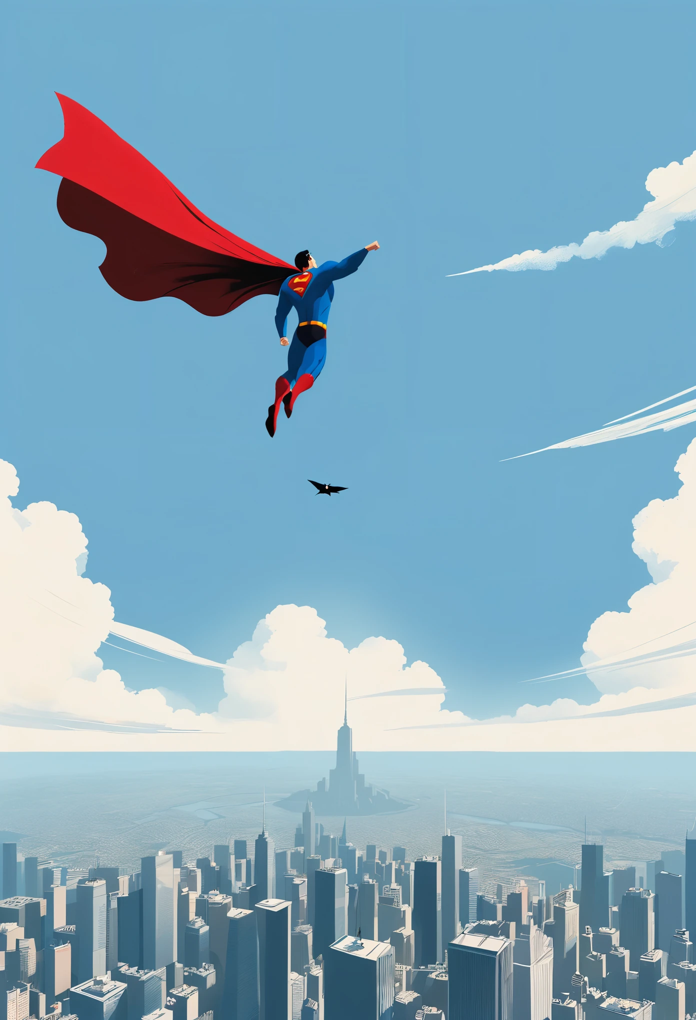 a Minimalist journey,fly,floating,1superman,Minimalism,in sky,above city,illustration