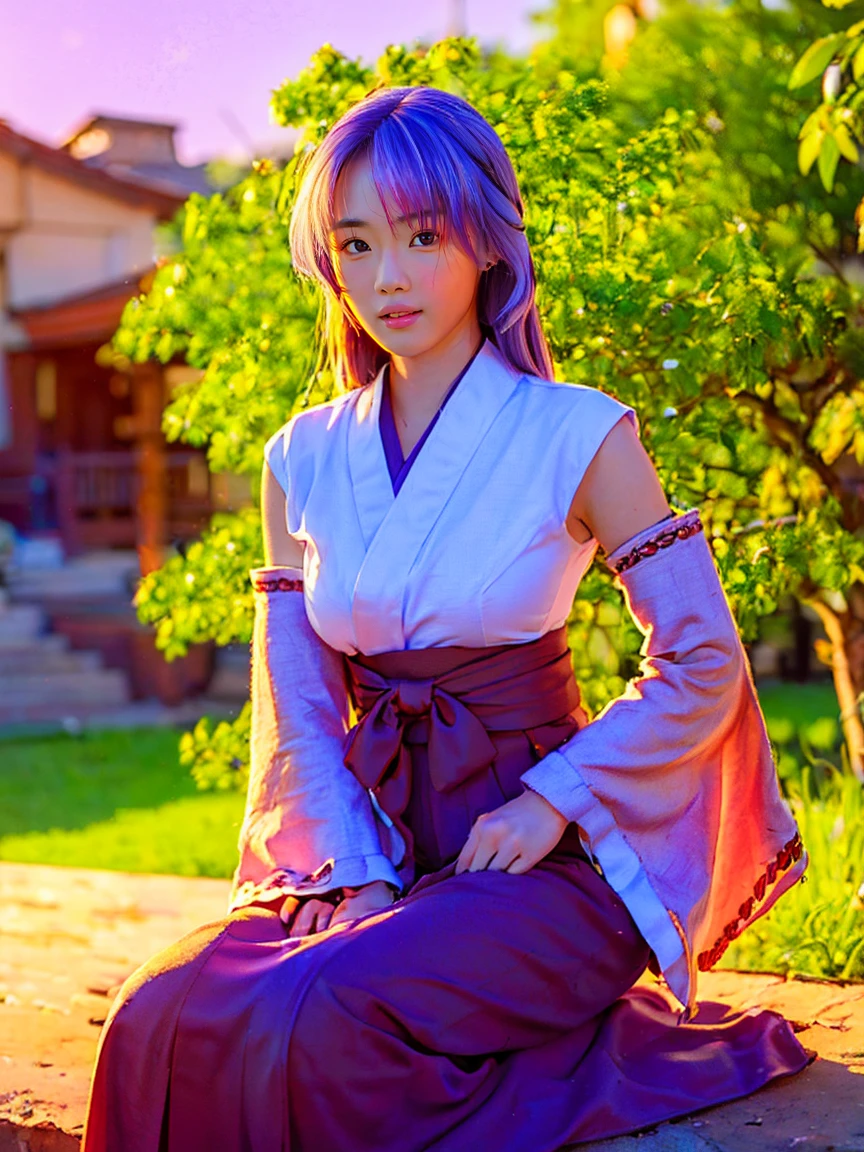 (1 girl), (((11 years old girl))) The beautiful, (Best quality at best:1.4), (ultra - detailed), (extremely detailed CG unified 16k), purple blonde hair, very detailed, High-definition RAW color photo, professional photoshooting, amazing face and eyes, (amazingly beautiful girl), ((Hanyuu)), ((japanese clothes, miko, detached sleeves, hakama, hakama skirt, skirt, red hakama, ribbon-trimmed sleeve)), standing, praying posture, (look from down), realistic cinematic face, head to feet long wide zoomed out view, full body long view, photorealistic, ((realistic natural purple hair style, purple eyes)), pretty girl, extremely beautiful face, perfect model beauty, pout mouth, serious expression, cleavages, village girl, (masterpiece), best quality, high resolution, extremely detailed, blurred background, depth of field, cinematic lighting, clear and well-cared skin,