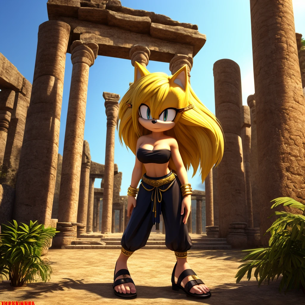 Female, mobian, hedgehog, 1girl, solo, looking at viewer, black low cut tube top, cleavage, blonde fur, long hair, yellow irises, hair bangs, gold wristband rings, gold band around waist, black harem pants, and black genie slippers, ancient temple ruins background, (insanely detailed, masterpiece, best quality, 4k)