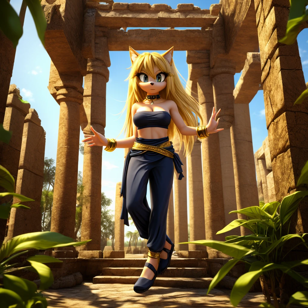Female, mobian, hedgehog, 1girl, solo, looking at viewer, black low cut tube top, cleavage, blonde fur, long hair, yellow irises, hair bangs, gold wristband rings, gold band around waist, black harem pants, and black genie slippers, ancient temple ruins background, (insanely detailed, masterpiece, best quality, 4k)