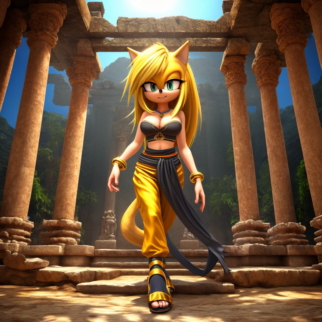 Female, mobian, hedgehog, 1girl, solo, looking at viewer, black low cut tube top, cleavage, blonde fur, long hair, yellow irises, hair bangs, gold wristband rings, gold band around waist, black harem pants, and black genie slippers, ancient temple ruins background, (insanely detailed, masterpiece, best quality, 4k)
