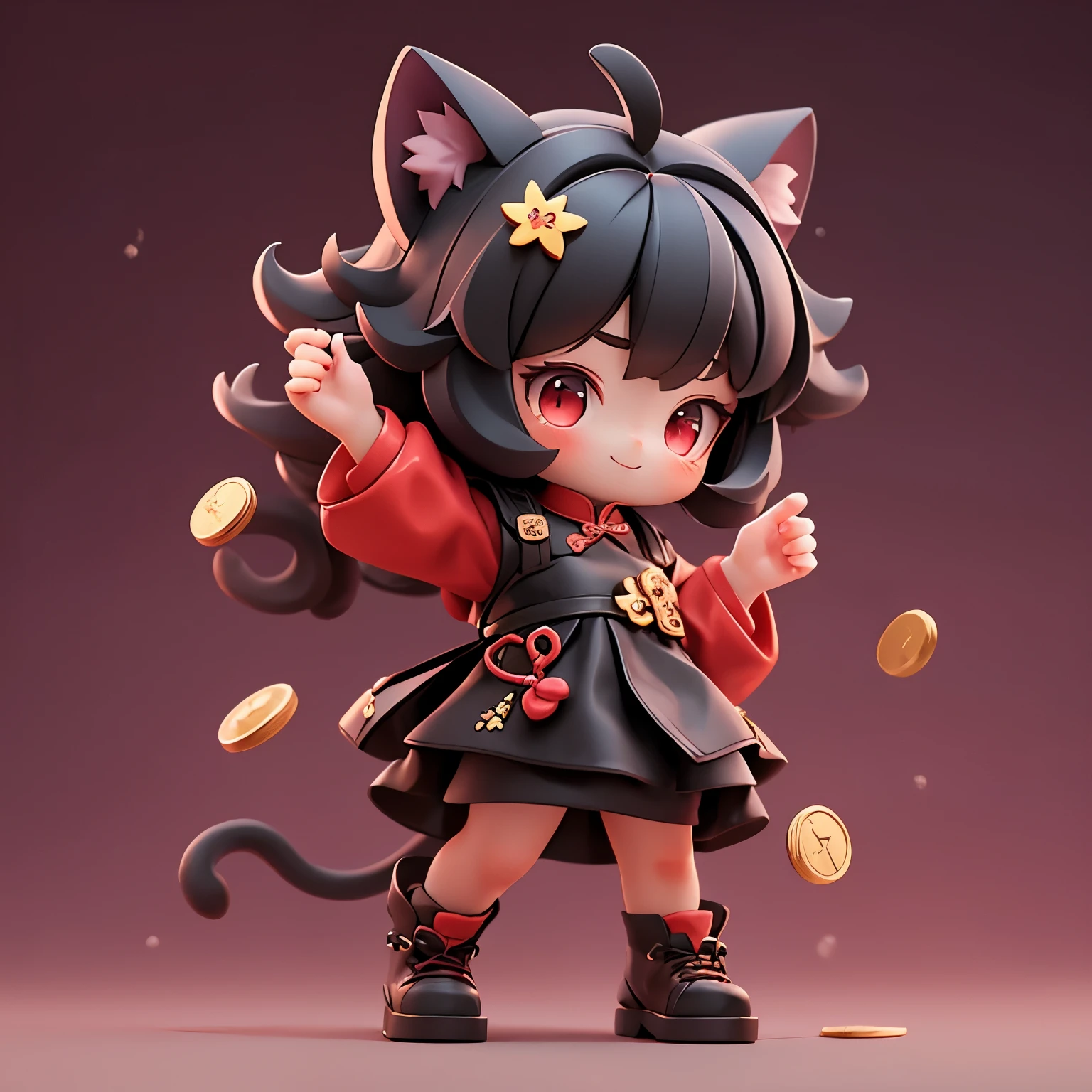 Matte blind box，(Red cheongsam)，Simple background，best quality,Cat ears,Happy expression,Throwing gold coins in hand,standing,a ***********,black hair,Red eyes
