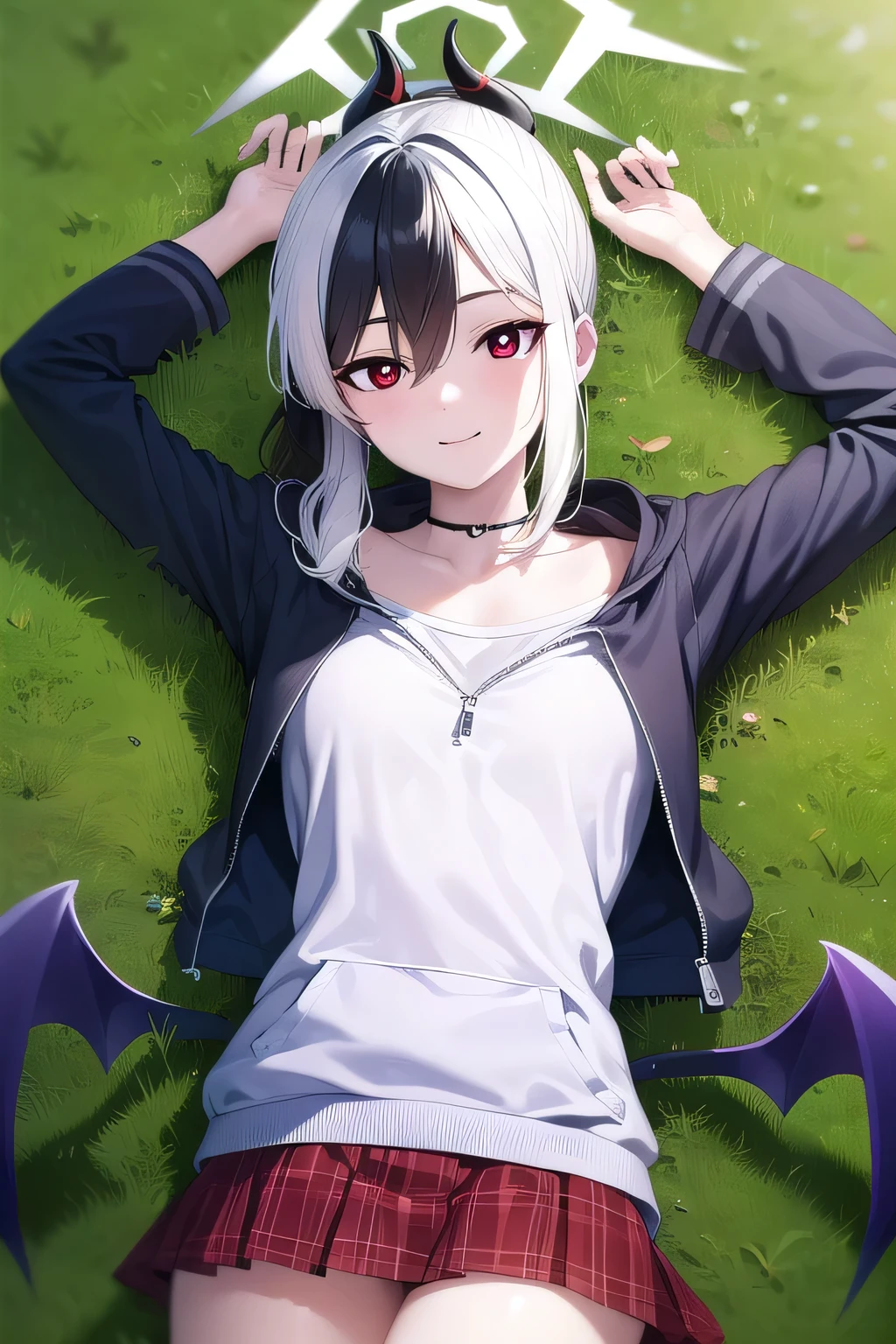 kayokoonikata, kayoko onikata, black hair, demon horns, hair between eyes, halo, horns, long hair, low wings, mole, mole on collarbone, multicolored hair, ponytail, (red eyes:1.5), single wing, two-tone hair, white hair, wings, black ponytail,
BREAK black hoodie, choker, hood, hoodie, pleated skirt, skirt, red skirt,
solo, lying on back, arms up, spread arms, on grass, smile, (cowboy shot:1.5) closed mouth, looking at viewer, masterpiece, best quality, smile,
BREAK (masterpiece:1.2), best quality, high resolution, unity 8k wallpaper, (illustration:0.8), (beautiful detailed eyes:1.6), extremely detailed face, perfect lighting, extremely detailed CG, (perfect hands, perfect anatomy),