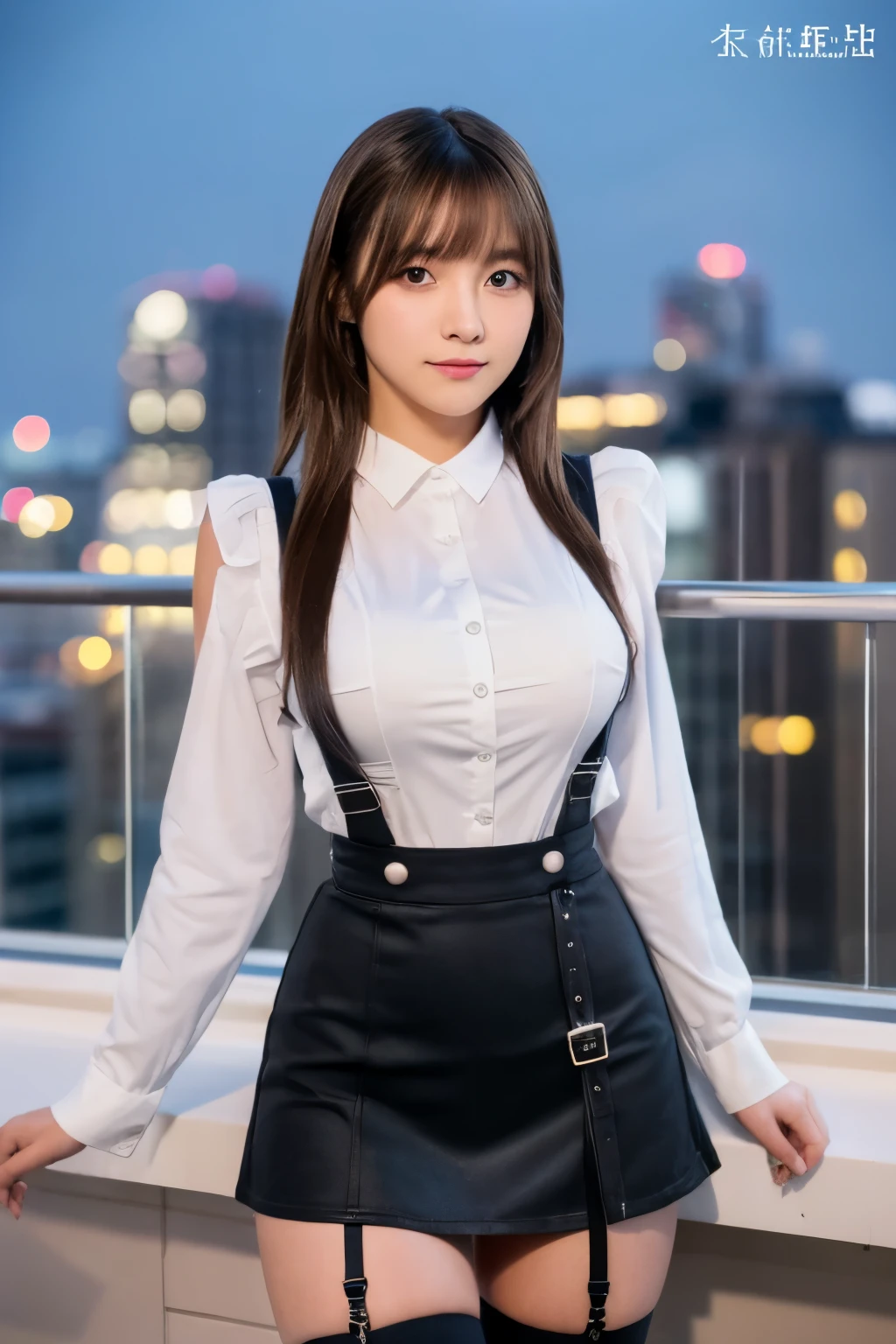 ((Midnight, highest quality, 8K, masterpiece :1.3)), whole body, Long legs, Sharp focus :1.2, Beautiful woman with perfect figure :1.4, Slim abs :1.1, ((Dark brown hair, Big Breasts :1.2)), (White tight T-shirt, Jean Bib, Are standing:1.2), ((Night city view, rooftop:1.3)), Highly detailed face and skin texture, Fine grain, Double eyelids one girl,highest quality,masterpiece,figure,Very delicate and beautiful,CG,Unity,8K wallpaper,wonderful,In detail,masterpiece,Official Art,Very detailed CG Unity 8K wallpaper,Incredibly absurd,Large file size,Very detailedな,High resolution,Very detailed,Beautiful detailed girl,Realistic,from the front,Outdoor,　suspenders　　　Large swollen brown 　Black mini skirt　garter belt　Knee-high socks　　　　　　　bangs 　　　　　Beauty　　Hands up　　 　　Black boots 　　　　one person 　　　Dress shirt　　　Hands Behind Back　put your hands behind your back　　With your hands behind your back　Armament　holster　　A room at the Belt Hotel　Bed　Wall side　