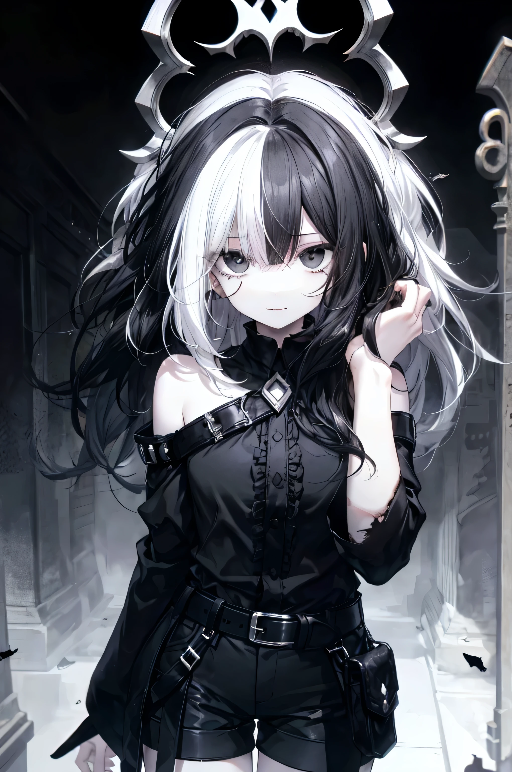 highest quality、best quality、8K、ultra high resolution、highest quality、super detailed、perfect face、very detailed、very delicate、(scared),  Gorgios、 dark,soft hair、shoulder-length hair、medium hair((Black hair on the left and white hair on the right))、((Black eyes)),Black long-sleeved shirt,Black shorts、belt、 full of confidence, smile, close your mouth、expressive eyes, collofull eyes, contrast, shadowy,digital art, shining eyes, Intimidating, damaged, detailed face、Detailed eyes、Detailed background、 Dark background, Based on white and black、black liquid, sexy