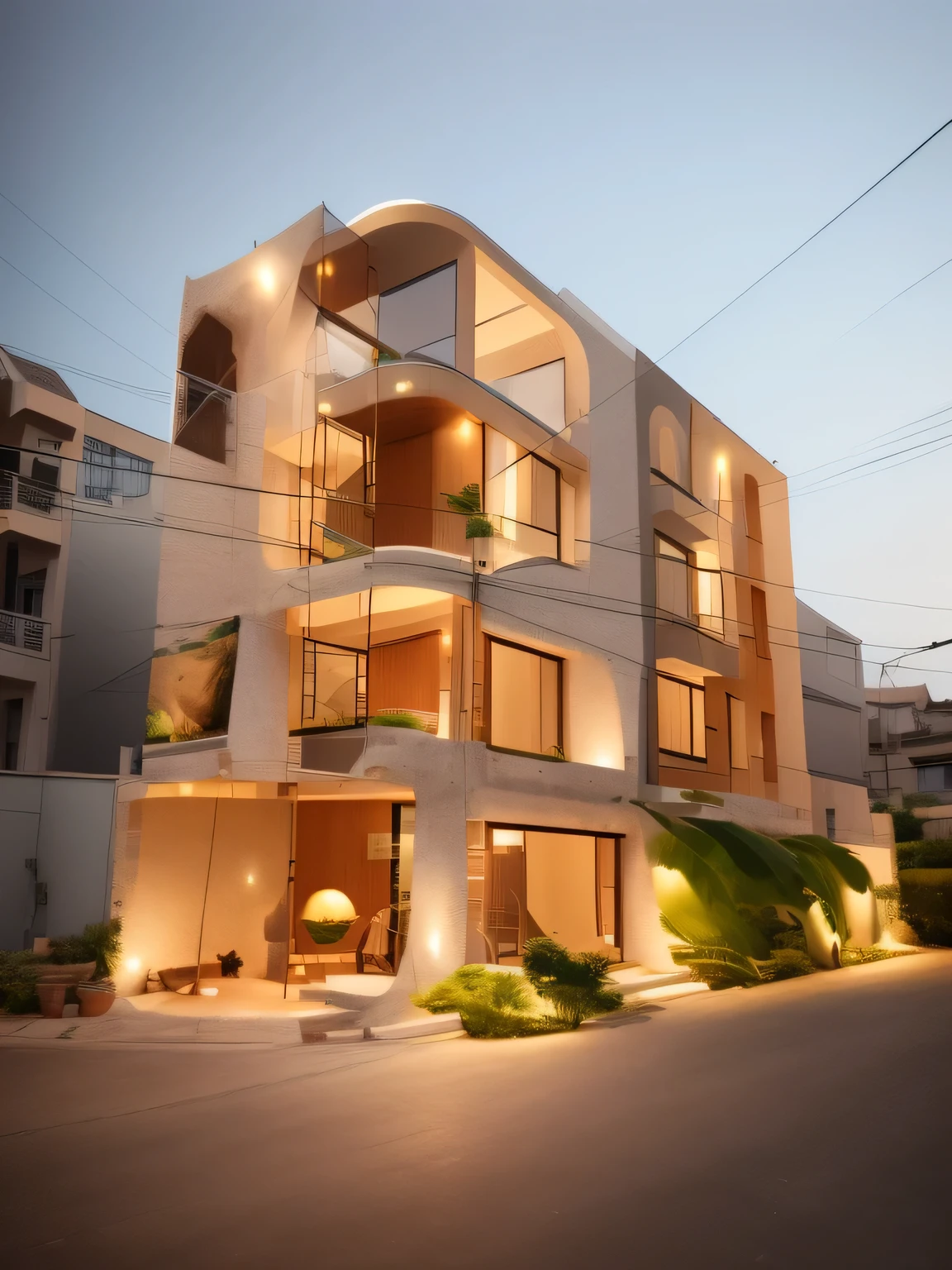 (Townhouses in the city ,Close houses and trees), sunlight ( best quality) ((High solution)) ,(( Photo-realistic)) ,warm light, (Clear focus) Modern style townhouse front view,Small house, narrow area,Vietnam,front, Arch,beautiful front,curved window,Narrow ,two floors,mutual color, soft light, Warm atmosphere,high resolution, Super detailed,4K ,vray rendering, Octane Rendering, Surrealism, Photography Expert ,Appearance design , Professional photography, Location Photography,Wide-angle shooting , Ultra Detailed , high resolution , Full frame, whole body,Patio,Healing Space,