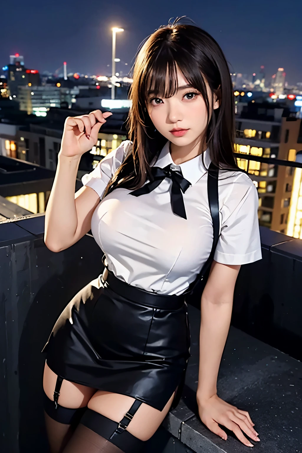 ((Midnight, highest quality, 8k, masterpiece :1.3)), whole body, Long legs, Sharp focus :1.2, Beautiful woman with perfect figure :1.4, Slim Abs :1.1, ((Dark brown hair, Big Breasts :1.2)), (White tight T-shirt, Jean Bib, Are standing:1.2), ((Night city view, rooftop:1.3)), Very detailedな顔と肌の質感, Fine grain, Double eyelids one girl,highest quality,masterpiece,figure,Very delicate and beautiful,CG,Unity,8k wallpaper,wonderful,In detail,masterpiece,Official Art,Very detailed CG Unity 8k wallpaper,Incredibly absurd,Large file size,Very detailedな,High resolution,Very detailed,Beautiful detailed girl,Realistic,from the front,Outdoor,　suspenders　　　Large swollen breasts　　 　 　　　　Black mini skirt　garter belt　Knee-high socks　　　　　　　bangs 　　　　　Beauty　　Hands up　　 　　Black boots 　　　　one person 　　　Dress shirt　　　Hands Behind Back　put your hands behind your back　　With your hands behind your back　Armament　holster　　A room at the Belt Hotel　Bed　Wall side　