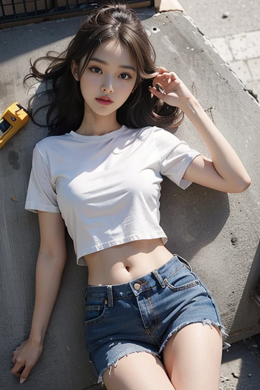 Girl in white good and tight denim skirt posing for photo, whole body, Cropped T-shirt, good, The body is slim, Small Bust, Slim Girl Model, 24 year old female model, Lying on a construction site,
