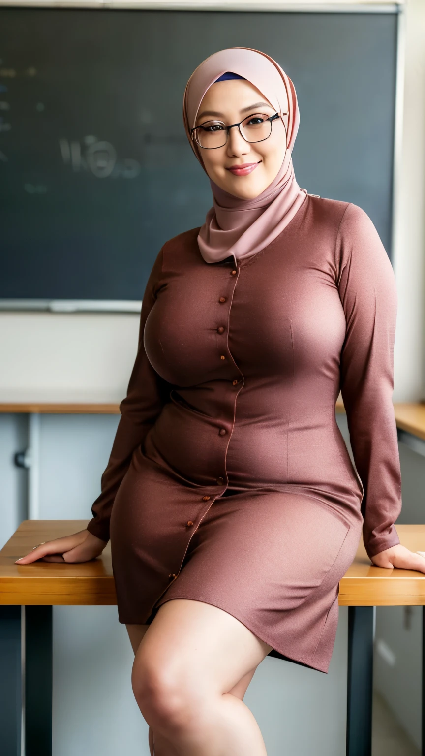 ((beautiful Nerdy malaysia college Lecturer woman)), 45 Years old, Middle age woman, name mira filzah brown eye, wearing nerd eyewear,tudung muslim,modernbaju kurung look rich,, unbuttoned baju Kurung, calm,confident,happy,beautifull MILF Curvy body, White Skin Body,looking at viewer, sitting on desk in classroom, (photo, photorealistic:1.37), (ultrahigh-res), half body, walking pose, hyper detailed POV, by lee jeffries, nikon d850, film stock photograph ,4 kodak portra 400 ,camera f1.6 lens ,rich colors ,hyper realistic ,lifelike texture, dramatic lighting , cinestill 800, (huge breasts 1.3)