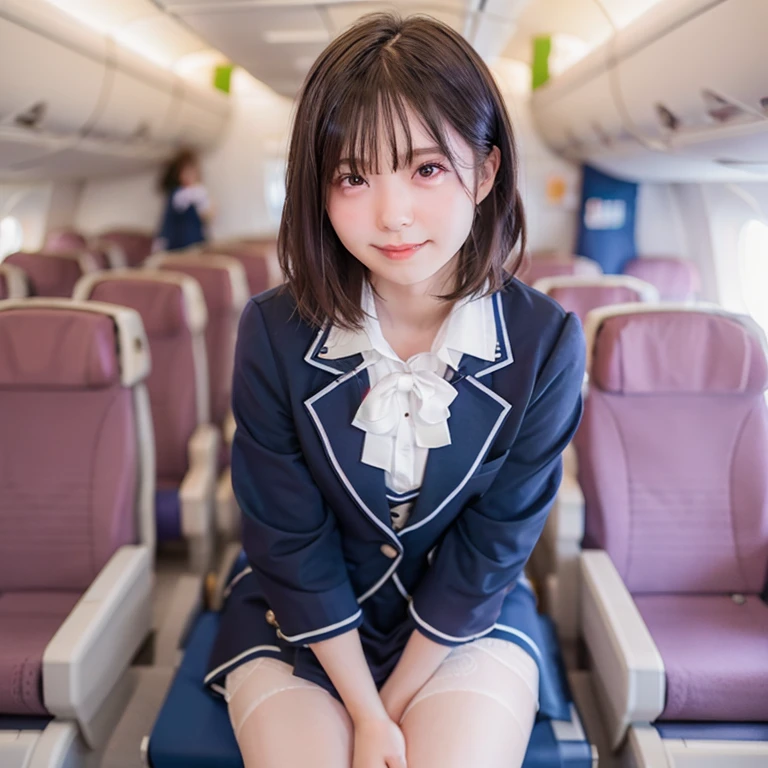 ((((Whole body 1.4)))),Body facing the viewer、Front shot,Small breasts、Sit on your knees、Panty Shot,White panties visible、highest quality, 8k, 15-year-old student, Teen, RAW Photos, Absurd, Award-winning portraits, mouth, alone, night, neon, Idol&#39;Face, Viola Lace, Gardenia, Delicate girl, Digital single-lens reflex camera, Looking at the audience, Frank, Sophisticated, Zola々right, Thin arms, Professional Lighting, Film Grain, chromatic aberration, (Eye and facial details:1.0), (Bokeh:1.1) , ,short hair、Cabin Attendant Costume,Cabin attendant uniform mini skirt,Bare legs,Inside the plane
