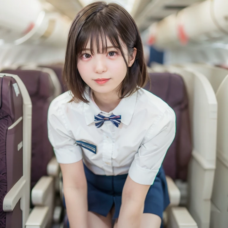 ((((Whole body 1.4)))),Body facing the viewer、Front shot,Small breasts、Sit on your knees、Panty Shot,White panties visible、highest quality, 8k, 15-year-old student, Teen, RAW Photos, Absurd, Award-winning portraits, mouth, alone, night, neon, Idol'Face, Viola Lace, Gardenia, Delicate girl, Digital single-lens reflex camera, Looking at the audience, Frank, Sophisticated, Zola々right, Thin arms, Professional Lighting, Film Grain, chromatic aberration, (Eye and facial details:1.0), (Bokeh:1.1) , ,short hair、Cabin Attendant Costume,Cabin attendant uniform mini skirt,Bare legs,Inside the plane