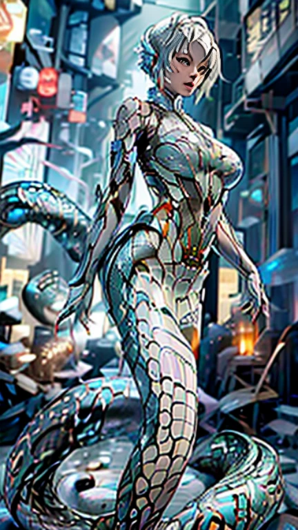 超lifelike的画面,White,High-resolution images,Science Fiction,dynamic poses,complex,Futurism,peculiar,grace,Cyberpunk characters,Beautiful woman in silver armor,(Large Breasts:1.1), Cleavage,cleveage, Big Ass, thigh,(Siamese latex set),chest,Tactical equipment,Science Fiction灯,Real People,White hair,Delicate face,Smooth and delicate skin,(Mid-chest),Lisee mechanical prosthesis mechanical snake maid:1.2), (Long snake tail:1.3),metallic feel,Gorgeous lighting,clear picture,Meticulous details,lifelike,8K Ultra HD,original photo,panoramic