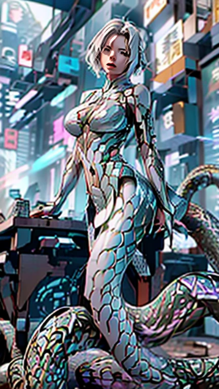 超lifelike的画面,White,High-resolution images,Science Fiction,dynamic poses,complex,Futurism,peculiar,grace,Cyberpunk characters,Beautiful woman in silver armor,(Large Breasts:1.1), Cleavage,cleveage, Big Ass, thigh,(Siamese latex set),chest,Tactical equipment,Science Fiction灯,Real People,White hair,Delicate face,Smooth and delicate skin,(Mid-chest),Lisee mechanical prosthesis mechanical snake maid:1.2), (Long snake tail:1.3),metallic feel,Gorgeous lighting,clear picture,Meticulous details,lifelike,8K Ultra HD,original photo,panoramic