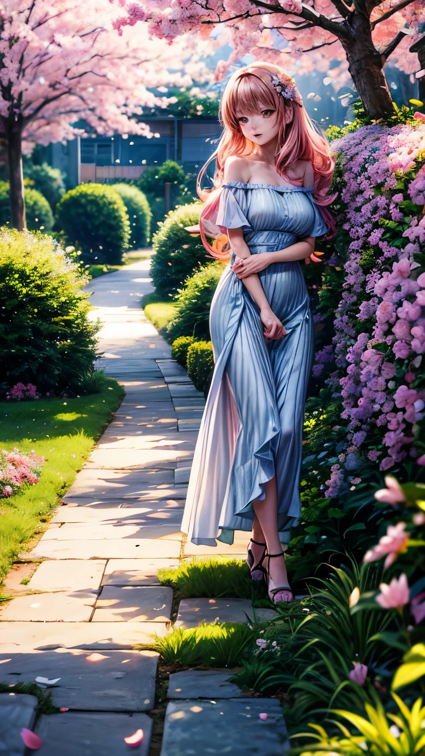 an anime-style interpretation of a magical garden blooming with vibrant flowers of every hue. Cherry blossom trees stand tall, their delicate pink petals fluttering gently in the breeze. Butterflies and hummingbirds flit from flower to flower, their joyful presence adding to the beauty of the scene. Sunlight filters through the foliage, casting a warm and inviting glow over the garden