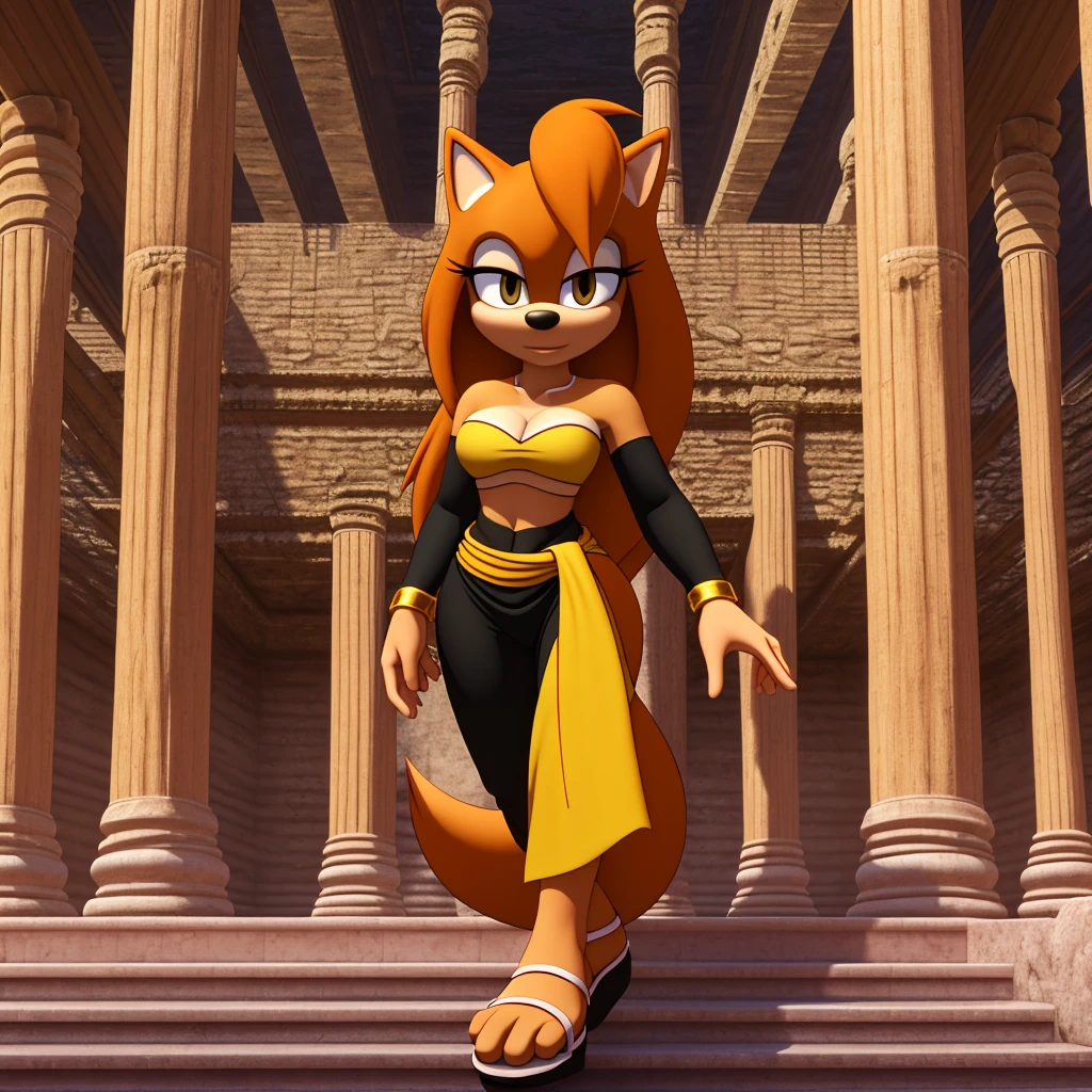 Female, mobian, hedgehog, 1girl, solo, looking at viewer, black low cut tube top, cleavage, blonde fur, long hair, yellow irises, hair bangs, gold wristband rings, gold band around waist, black harem pants, and black genie slippers, ancient temple ruins background, (insanely detailed, masterpiece, best quality, 4k)
