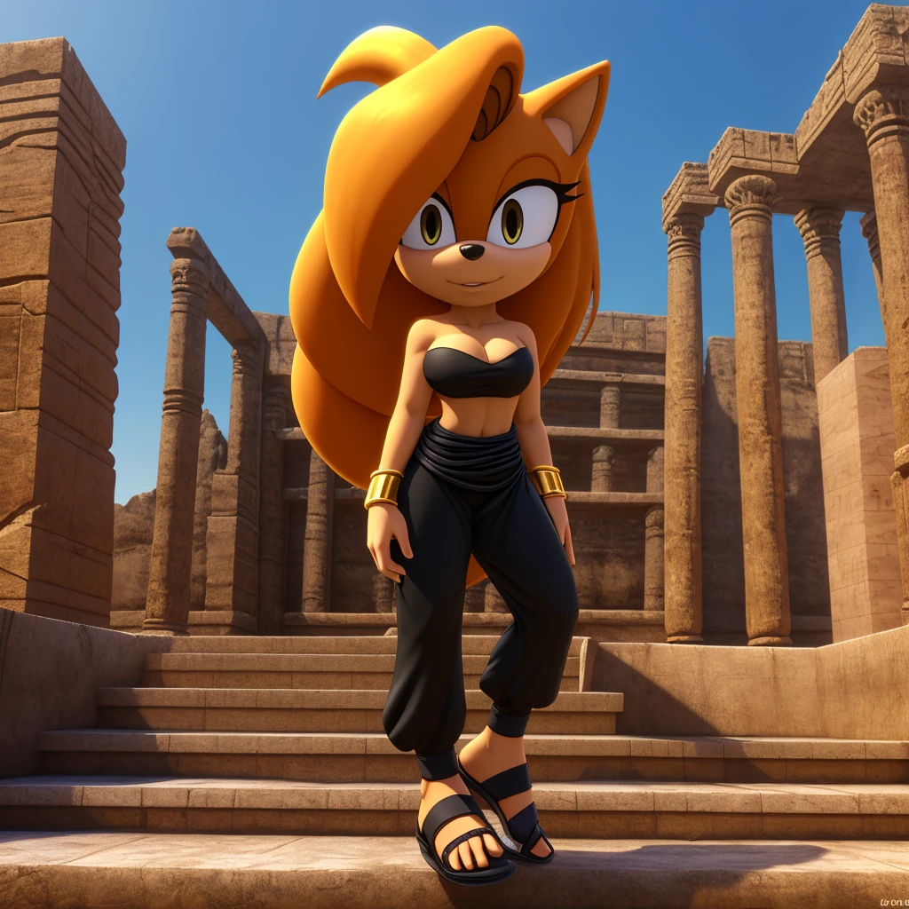 Female, mobian, hedgehog, 1girl, solo, looking at viewer, black low cut tube top, cleavage, blonde fur, long hair, yellow irises, hair bangs, gold wristband rings, gold band around waist, black harem pants, and black genie slippers, ancient temple ruins background, (insanely detailed, masterpiece, best quality, 4k)