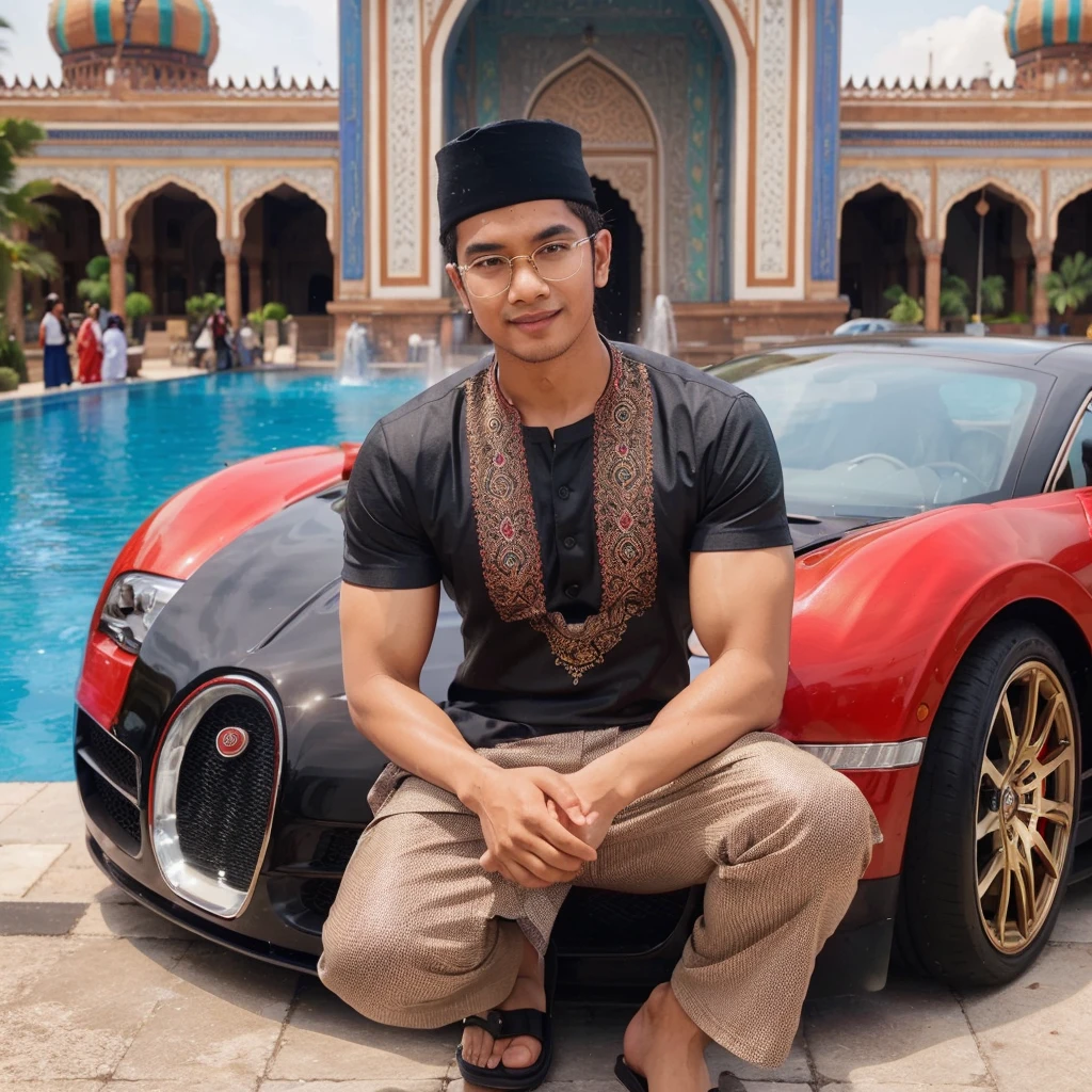 Real photo of Young Indonesian man wearing a black Moslem cap, muscular, white skin, oval face, wearing a clear rectangle browline glasses, next to the door of a red Bugatti Veyron by Mansory Vivere Car, with an aerodynamic design, smiled faintly, wearing a blue Moslem koko with  embroidered Complicated gold pattern, beige sarong,  slipper sandals. In the background there are colorful great mosque with name "GUNAWAN", There are nice water fountain. The lighting is natural and bright, highlighting the shiny surfaces of the car and creating reflections on them.