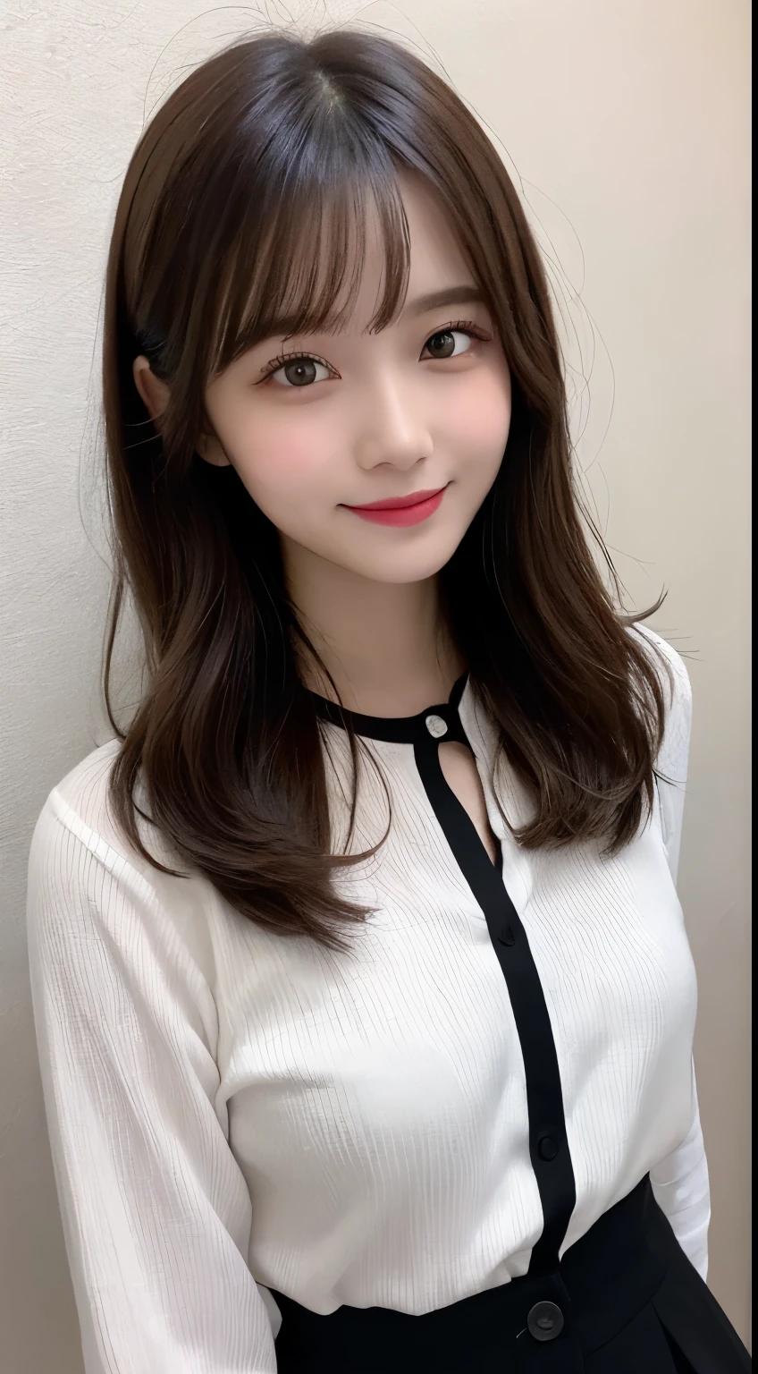 Tabletop, highest quality, shape, Very detailed, finely, High resolution, 8k wallpaper, 完璧なダイナミックな構shape, Beautiful and detailed, Nice spring clothes,Beautiful straight hair,Small breasts,Natural color lip, 20-year-old girl、cute、sexy shot looking at camera,Always blur the background,Perfect and beautiful face,Beautiful and dense face、Slim face and figure,Big eyes、Putting on gal makeup,Actual Photos(Best image quality)、Sexy Face、Fashion magazine model pose、Full Body Shot、smile、Trendy fashion models for spring 2024(Long sleeve)、smile、Shirt Blouse(black)、mini skirt