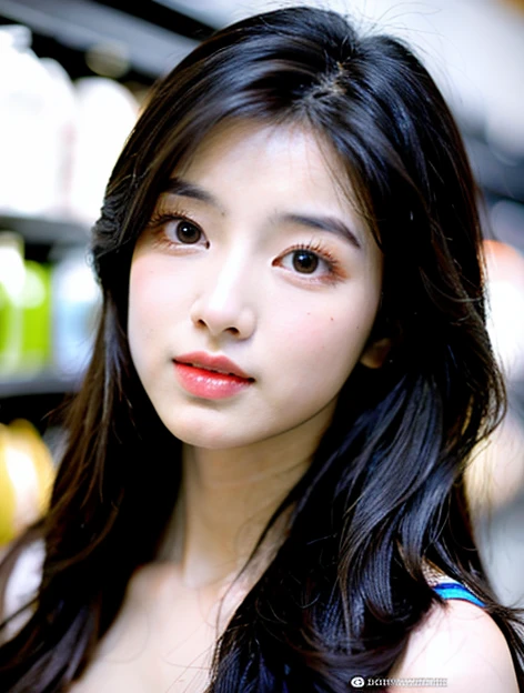 Generate the image of Korean girl make test at the Indian tea stole , add Indian crowd in around stole, details juicy lips, details eyes, black and white colour cloths, awesome background.  Realistic image.