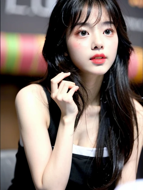 Generate the image of Korean girl make test at the Indian tea stole , add Indian crowd in around stole, details juicy lips, details eyes, black and white colour cloths, awesome background.  Realistic image.