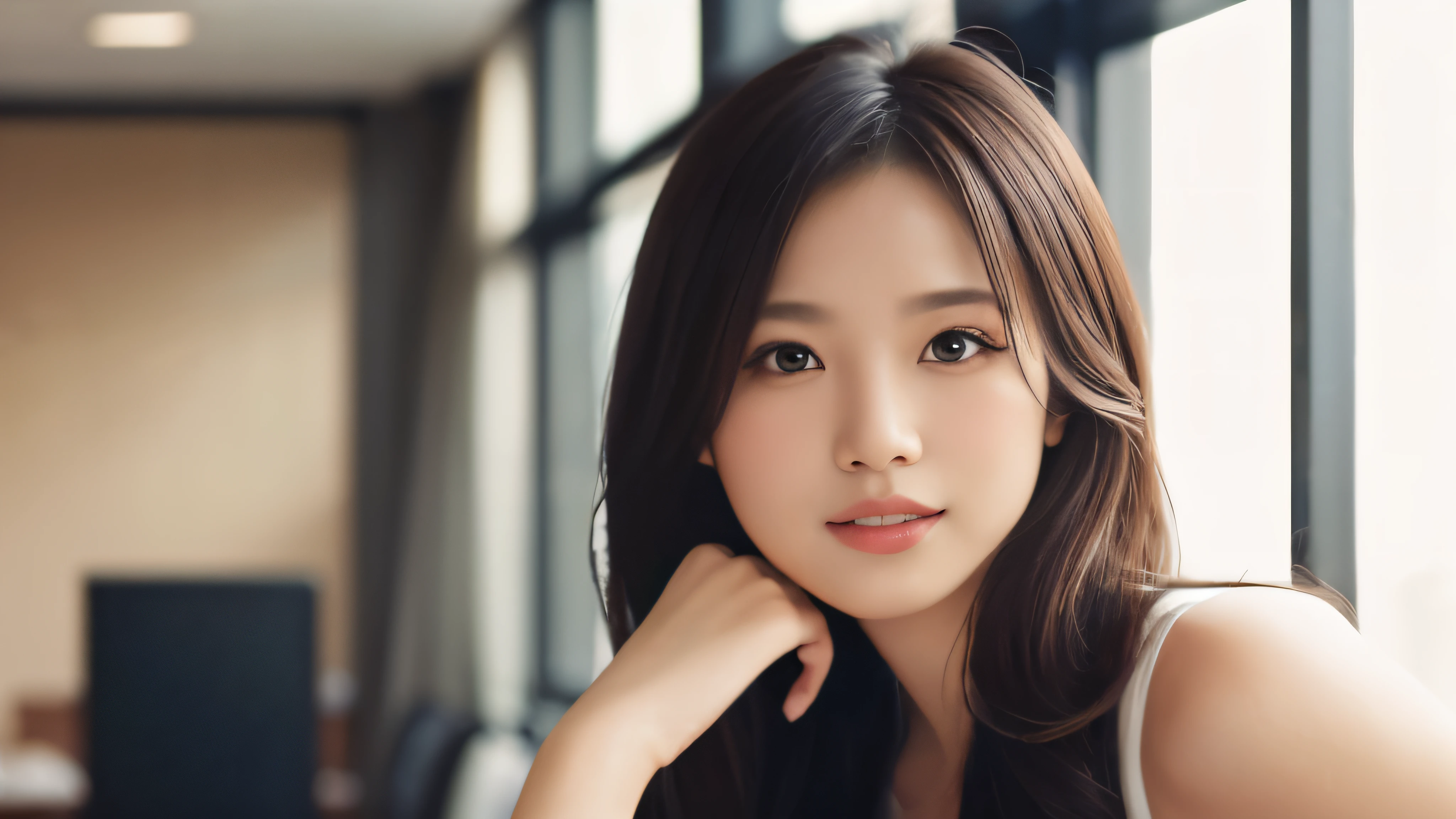 (masterpiece:1.2,highest quality),((office)),((Photographed with an ultra-wide-angle single focus lens)),depict the upper body,1 young woman,((Recruitment suits)),((Look to the side)),Black wavy hair,((Fine and beautiful eyes)),blushed,Healthy Skin,(smile),8k resolution