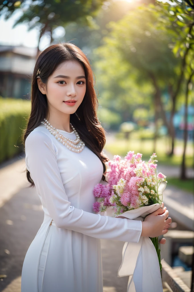 (best quality,4k,8k,highres,masterpiece:1.2),ultra-detailed,realistic, close-up portrait of an Asian girl wearing pink Vietnamese Ao Dai and white pants, pearl necklace, beautiful detailed hair, smirking, graceful pose, elegant atmosphere, soft sunlight, ancient street, ancient architecture.