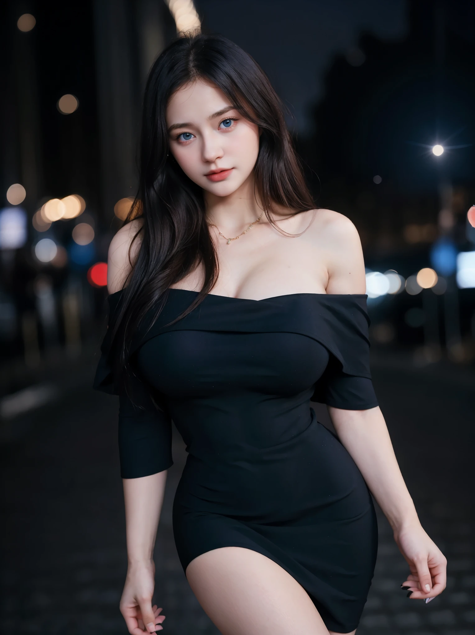 1 Girl, Beautiful, , 20 Years Old, White Skin, Colossal Breasts, Sexy Pose, ((Black Bodycon Dress)), ((Off Shoulder Outfit)), Blue Eye, ((Muscles:1.1)), ((Bokeh:1.3)), Street Crowd Background, Masterpiece, ((Night:1.3)), ((Dark:1.3)), ((Black))