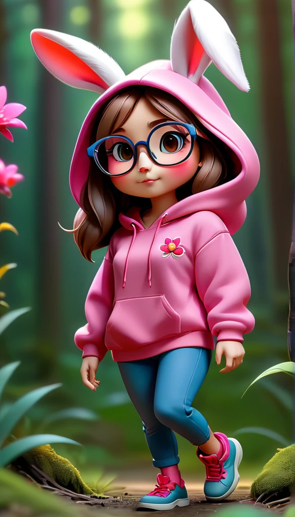 Cute rabbit,hairy,Wearing a pink hoodie,Wearing cute Blur glasses。It is female,Because there is a bright red flower on its head.。Stroll through the forest where various animals live.,, Disney and Pixar style, cute numbers, comic characters, 3D rendering, bright lights, bright colors,High level of image quality、for a great job