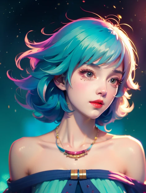 Close-up of a woman with colorful hair and necklace, anime girl with cosmic hair, Rossdraws' soft vitality, Guvez style artwork, fantasy art style, colorful], vibrant fantasy style, Rossdraws cartoon full of vitality, cosmic and colorful, Guweiz, colorful digital fantasy art, stunning art style, beautiful anime style, full body lighting, skin brightening, sexy expression
