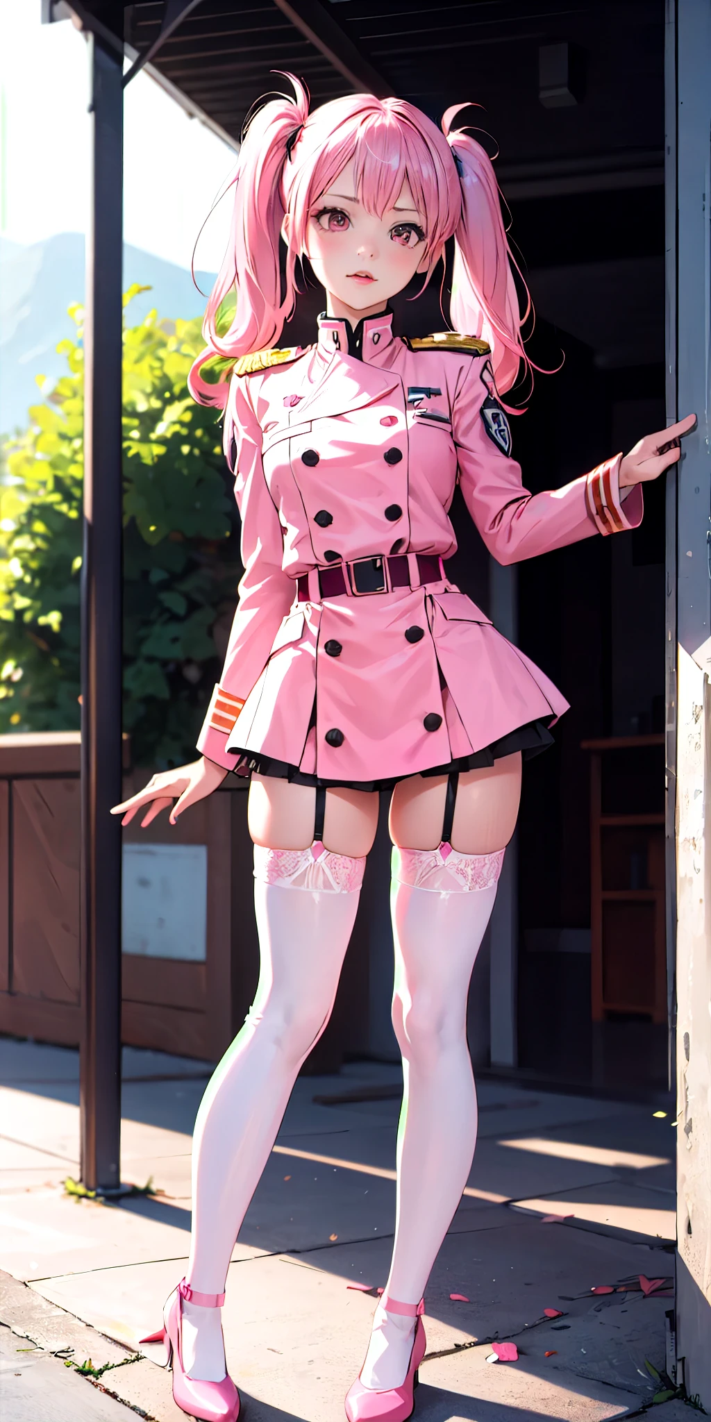 1girl, pink eyes, pink hair, twin tails, pink military uniform, (pink stockings), pink thigh highs, scenery, outside