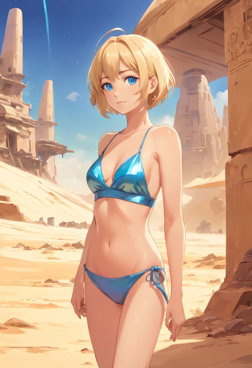 Women, ((Blonde)), ((Blue eyes)), ((Short hair)), ((Full Body)), in jabba the Hut tatooine castle, using a metalic bikini costume of Leia.