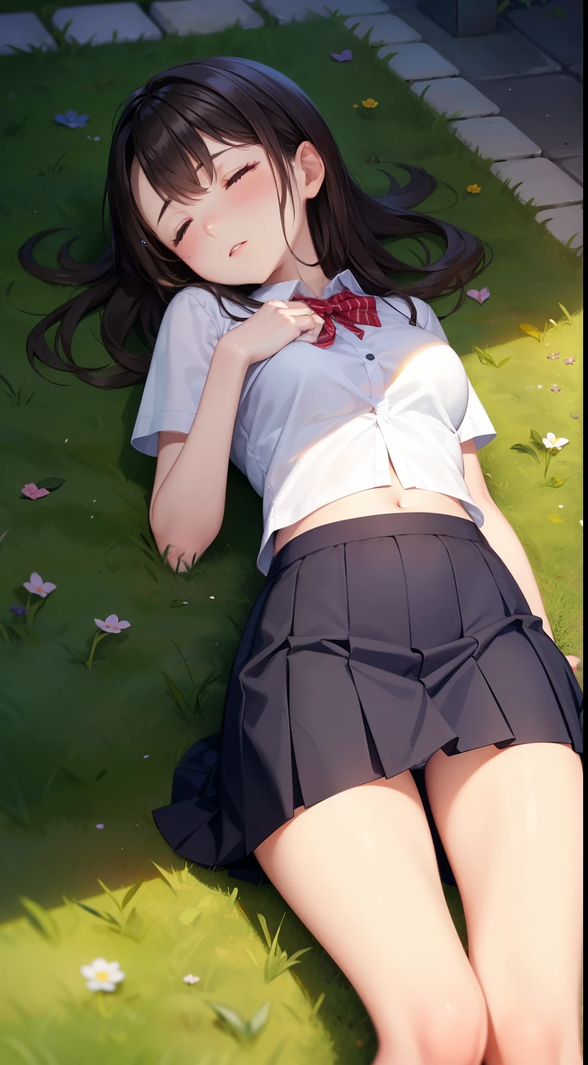 Young woman, fainted, closed eyes, lying on the ground, skirt rode up, underpants, видно underpants