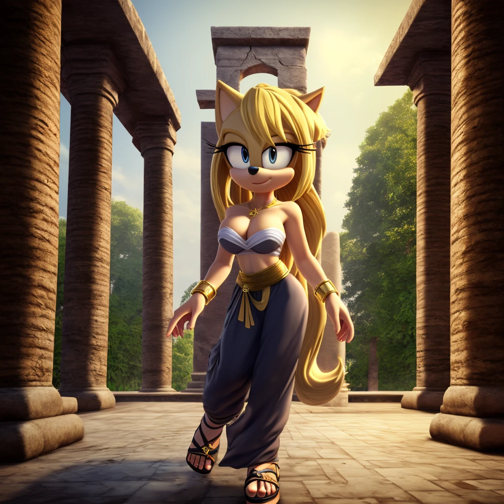 Female, mobian, hedgehog, 1girl, solo, looking at viewer, black low cut tube top, cleavage, blonde fur, long hair, yellow irises, hair bangs, gold wristband rings, gold band around waist, black harem pants, and black genie slippers, ancient temple ruins background, (insanely detailed, masterpiece, best quality, 4k)