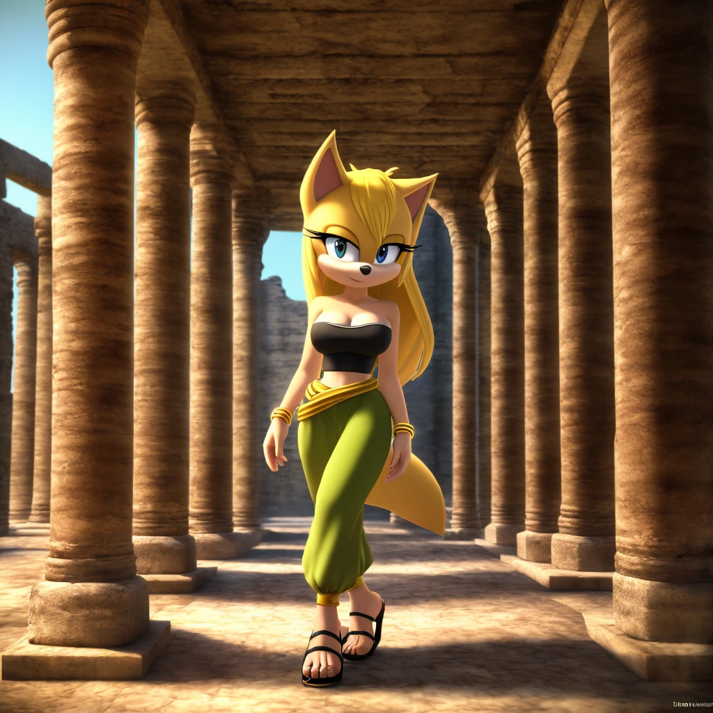 Female, mobian, hedgehog, 1girl, solo, looking at viewer, black low cut tube top, cleavage, blonde fur, long hair, yellow irises, hair bangs, gold wristband rings, gold band around waist, black harem pants, and black genie slippers, ancient temple ruins background, (insanely detailed, masterpiece, best quality, 4k)