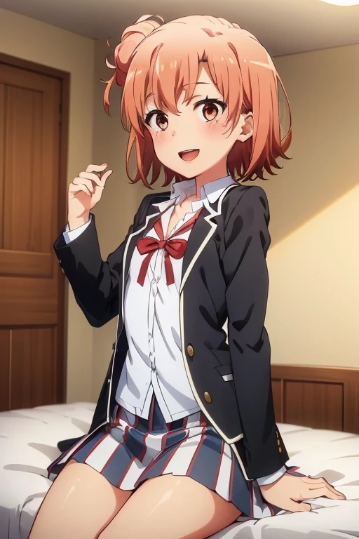 ((highest quality)), ((masterpiece)), (be familiar with), Perfect Face, indoor, Bedroom, Watching the audience,
One woman, Yuigahama Yui,
Open Mouth, Ecstatic expression, blush, smile,
Small breasts, Flat Chest, Young Girl, , , Girl,
Short Hair, Salmon-colored hair, Salmon-colored eyes, Side Pony,
Leg spread,