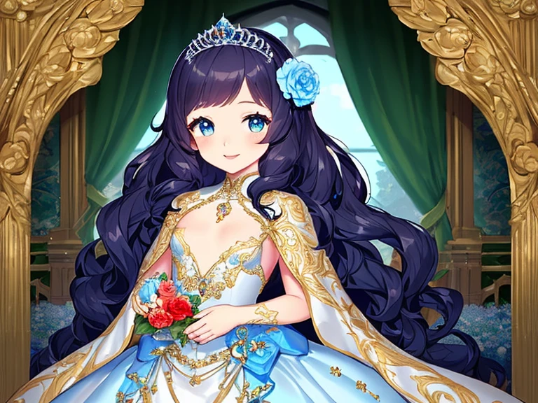 (kawaii),(best quality),(ultra detailed),(rococo style),(long train blue cape:1.15), very long cape,(long train white ball gown with flower decorations:1.05), a girl is wearing a cape over her gown, 1 little princess, tiara, smile, very long hair, small breasts, beautiful detailed eyes, beautiful detailed lips