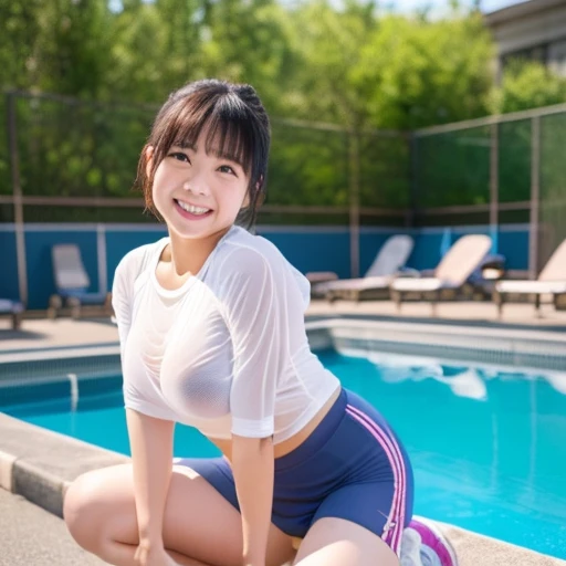 (In 8K、超A high resolution、highest quality、Realistic、Masseter region、Ultra-high resolution、highest quality:1.1),(:1.1)(Elementary sgym clothes(See-through)、Extremely small high leg bloomers(See-through)、Quite large breasts、Quite large breasts(Breasts spilling out of gym clothes)、Toned body:1.3)(Short black hair、12 years old、Cute Japanese Woman:1ile、(Open your legs wide to the sides、Squat down with your knees spread out to the sides)(High School Outdoor Pool Side、High-cut briefs)