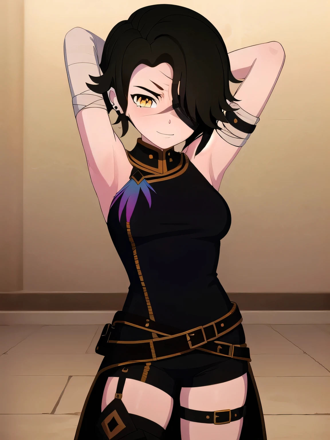 cinderfall, cinder fall, short hair, black hair, (yellow eyes:1.5),
BREAK gloves, dress, jewelry, earrings, black gloves, elbow gloves, hair over one eye, tattoo, scar, shorts, black gloves, belt, bandages, dress, black dress, solo,
contrapposto, spread armpit, arms behind head, smile, BREAK looking at viewer, (cowboy shot:1.5)