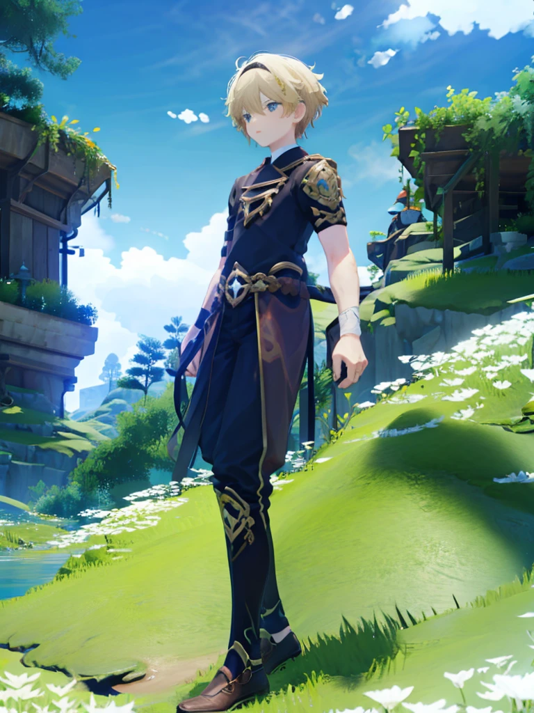 The character is standing in the middle of a field of white flowers, the sky is dark blue with small stars, while the character is wearing a short black shirt with a sword in his hand right.