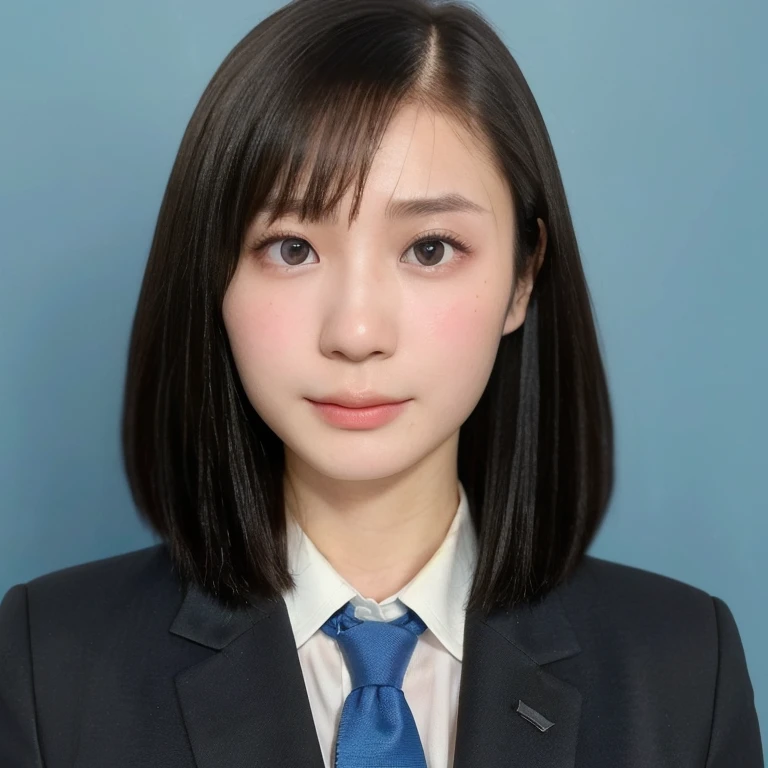(kawaii 24 year-old Japanese girl, Nogizaka idol, Korean idol), (glossy black hair, very short hair, short bob, pixie cut, aligned length and symmetric hair style:1.3), (pure black eyes, rounded face, single eyelid, no makeup, serious expression:1.2), (wearing suit jacket, collared shirt, necktie:1.3), (extra small breasts:0.9), (looking at viewer:1.2), BREAK, (simple blue background, yearbook background:1.3), (portrait, id photo, bust shot, view from vertically straight forward:1.3), (enough upper margin for background:1.2), BREAK, (masterpiece, best quality, photo realistic, official art:1.4), (UHD, 8K quality wallpaper, high resolution, raw photo, golden ratio:1.3), (shiny skin), professional lighting, physically based rendering, award winning, (highly detailed skin, extremely detailed face and eyes), Carl Zeiss 85 mm F/1.4, depth of field, 1girl, solo,