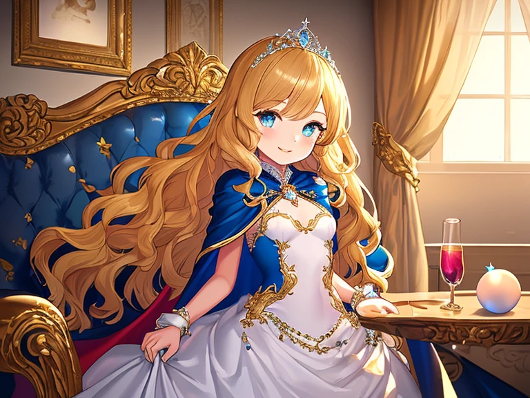 (kawaii),(best quality),(ultra detailed),(rococo style),(long train blue cape:1.15), very long cape,(long train white ball gown with flower decorations:1.05), a girl is wearing a cape over her gown, 1 little princess, tiara, smile, very long hair, small breasts, beautiful detailed eyes, beautiful detailed lips