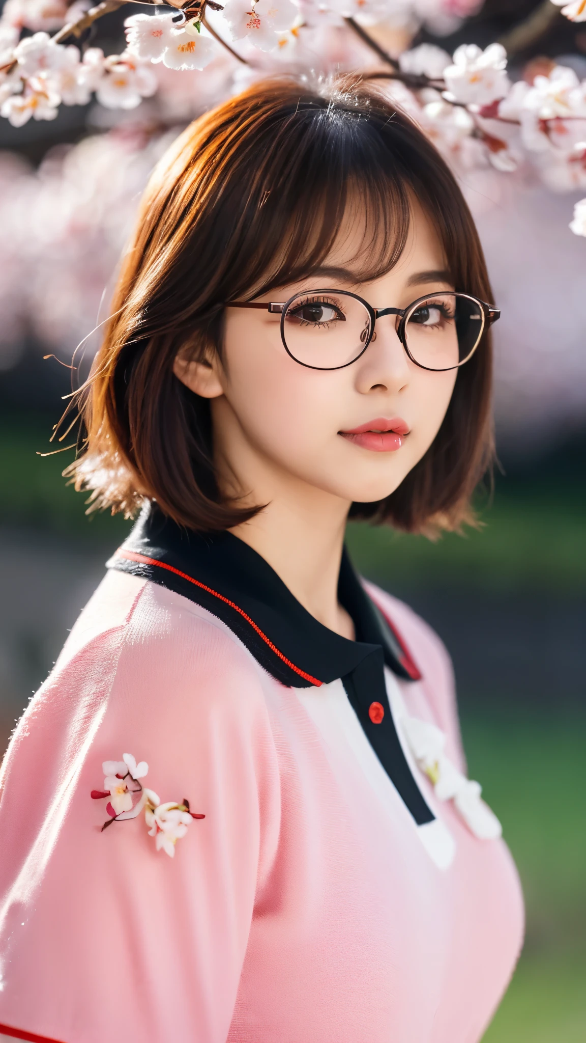 Korean idol girl　Brown hair short hair　Bright red rouge lips　Smokey makeup black mascara　Big Breasts　((Rimless glasses))　　Big eyes　SakuraFubuki　((Polo shirt))　8K　(Cherry blossoms in full bloom at night in the background)　たくさんのSakuraFubuki　((Falling cherry blossom petals))　masterpiece　Portrait
