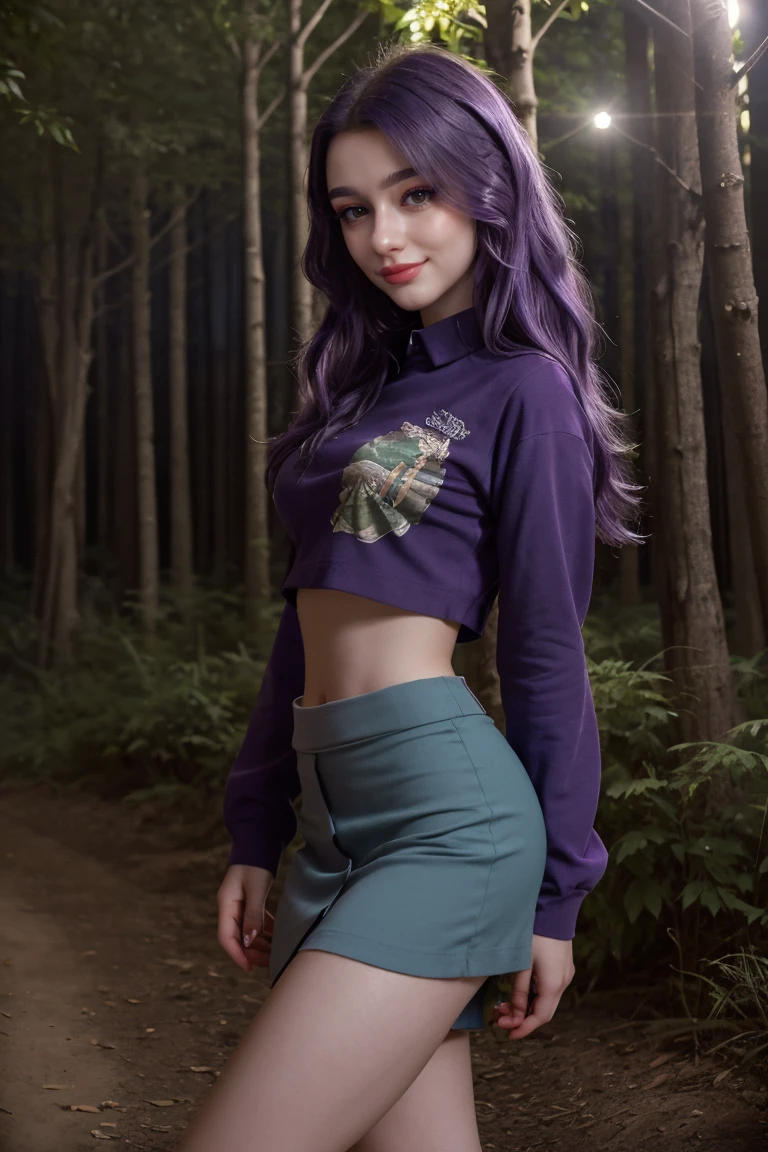 (1 lady), (Best quality at best:1.4), (ultra - detailed), (extremely detailed CG unified 16k), A Beautiful Woman with Perfect Figure: 1.4, Sharp Focus: 1.2, purple hair, very detailed, High-definition RAW color photo, professional photoshooting, amazing face and eyes, cosmetics, (amazingly beautiful girl), ((Kotomi)), ((woodland camo shirt and skirt)), standing, sexyposture，(Night and stylish cathedral outside, city lights, city lights:1.3), (look from down), realistic cinematic face, head to feet long wide zoomed out view, full body long view, photorealistic, ((realistic natural blueish purple hair style, purple eyes)), gorgeous, extremely beautiful face, perfect model beauty, pout mouth, Highly Detailed Face and Skin Texture, Detailed Eyes, Double Eyelids, Big Breasts, Smile, flirting smile, cleavages, western, (masterpiece), best quality, high resolution, extremely detailed, blurred background, depth of field, cinematic lighting, amazing legs, high heels, clear and well-cared skin, (((focus on the girl)))