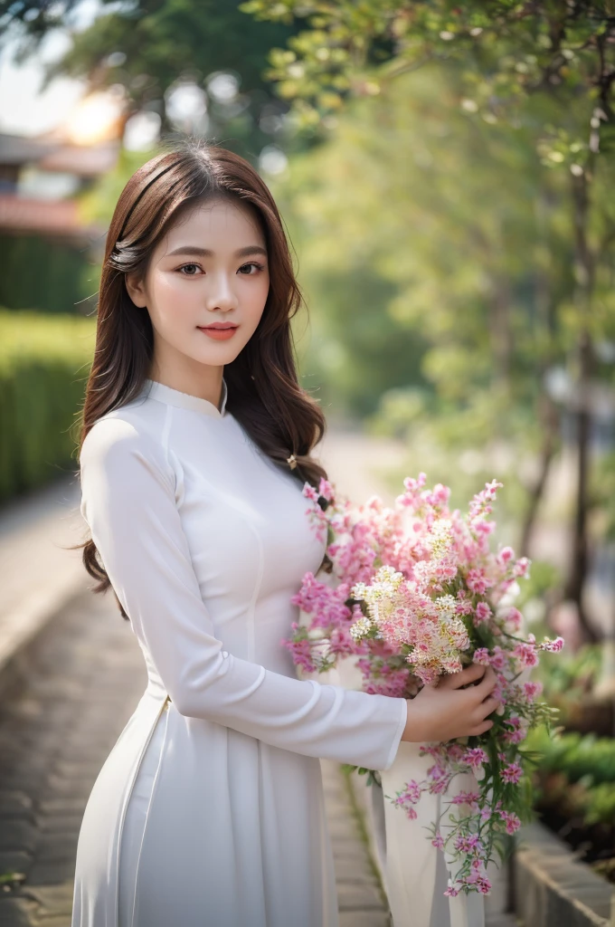(best quality,4k,8k,highres,masterpiece:1.2),ultra-detailed,realistic, close-up portrait of an Asian girl wearing pink Vietnamese Ao Dai and white pants, beautiful detailed hair, smirking, graceful pose, elegant atmosphere, soft sunlight, ancient street, ancient architecture.