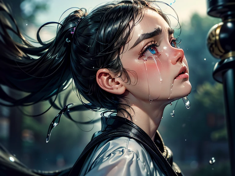 #quality(8k,wallpaper of extremely detailed CG unit, ​masterpiece,hight resolution,top-quality,top-quality real texture skin,hyper realisitic,increase the resolution,RAW photos,best qualtiy,highly detailed,the wallpaper), BREAK,solo,#1girl(big eyes,detailed eyes,long eyebrow,crying hard,big tears,tear drops are floating in air,beautiful,looking up:1.4),#background(simple,black,tear shining,tear drops shining, beautiful),[nsfw:2.0],(from side:2.0),(close up shot),wind blowing from below and tear drops from eyes are floating in air