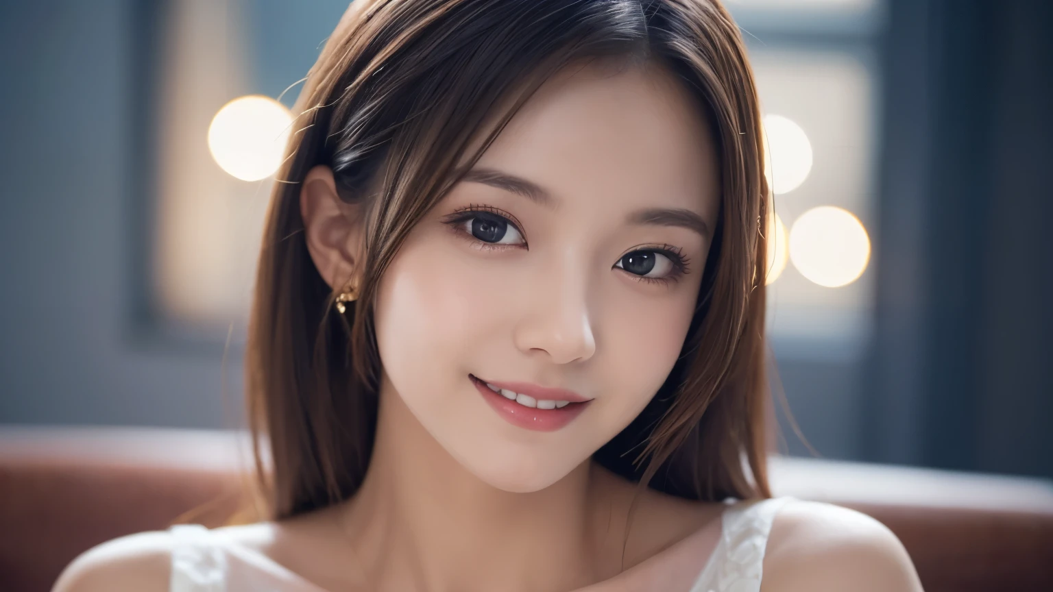 One Girl, (Dress in trendy fashion:1.2), (RAW Photos, highest quality), (Realistic, Photorealistic:1.4), Tabletop, Very delicate and beautiful, Very detailed, 2k wallpaper, wonderful, In detail, Very detailedな CG Unity 8K 壁紙, Very detailedな, High resolution, Soft Light, Beautiful detailed girl, looking at the camera、Very detailedな目と顔, Beautifully detailed nose, Beautiful fine details, Long Hair, small, Navy blue dress、White background、Background is white、Cinema Lighting, Perfect Anatomy, Slender body, smile,